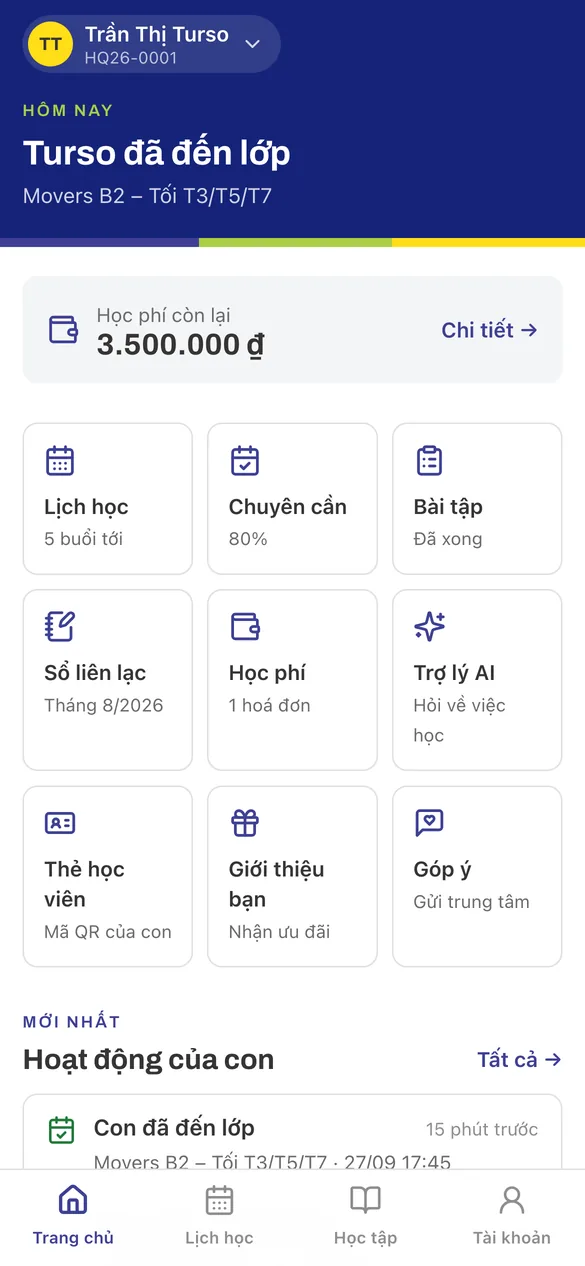 Màn hình trang chủ phụ huynh trên Clever Junior Zalo Mini App